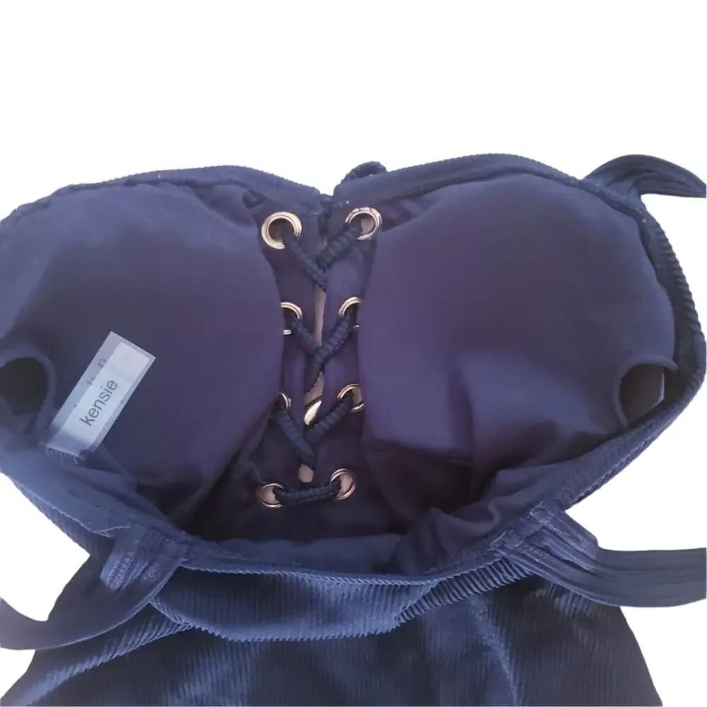 NWT Kensie Black Ribbed One‎ Peice Monokini Swimsuit Size Small Padded Lace Up